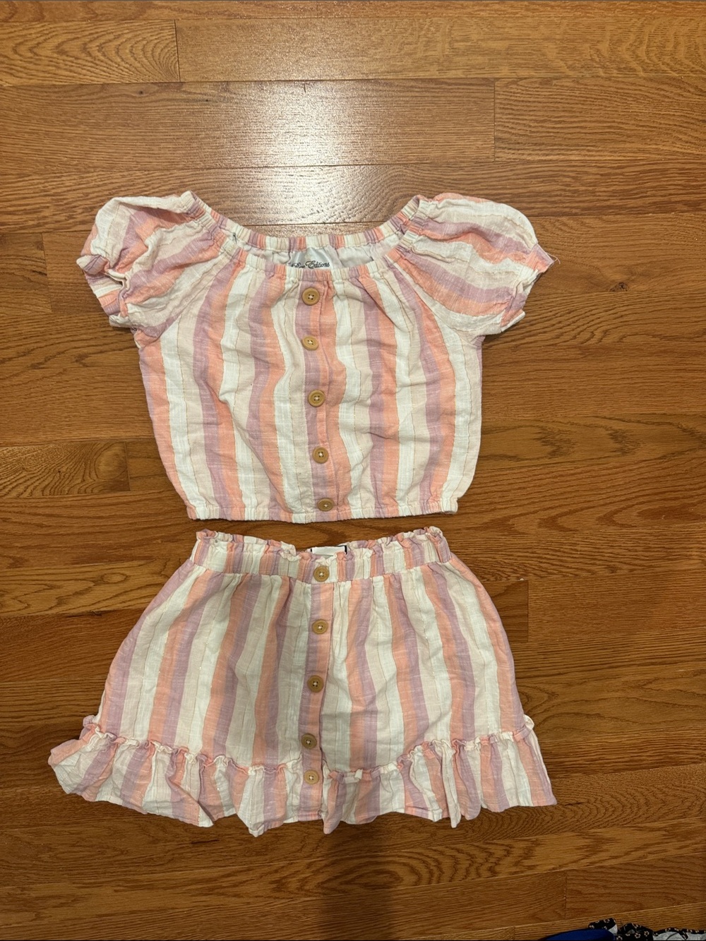 Pink & White Striped Girls' Matching Top and Skirt Set